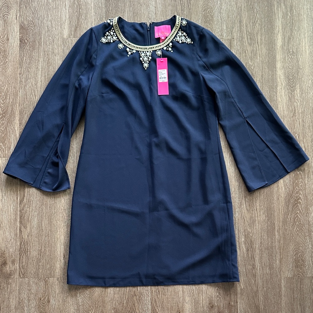 NWT‎ Lilly Pulitzer Anastasia Stretch Dress True Navy Size 8 Preppy Embellished